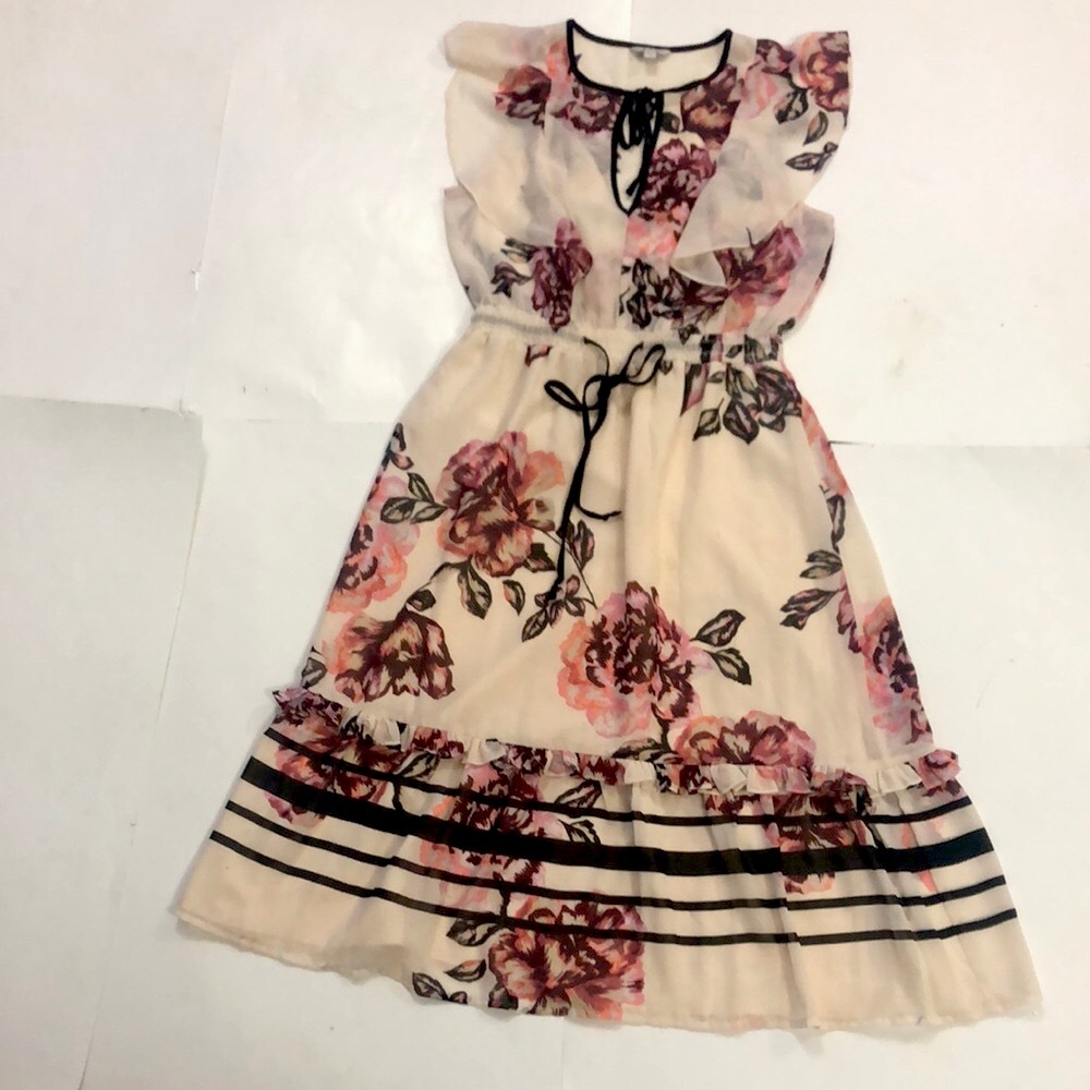Guess S Dress Floral Cream Pink Sheer Black Stripe Trim Elastic Waist w Ruffle